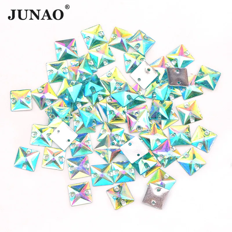 JUNAO 10mm Aquamarine AB Square Crystals Sew On Rhinestone Flatback Resin Gems Sewing Crystal Strass Beads for Clothes Crafts