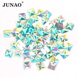 JUNAO 10mm Aquamarine AB Square Crystals Sew On Rhinestone Flatback Resin Gems Sewing Crystal Strass Beads for Clothes Crafts