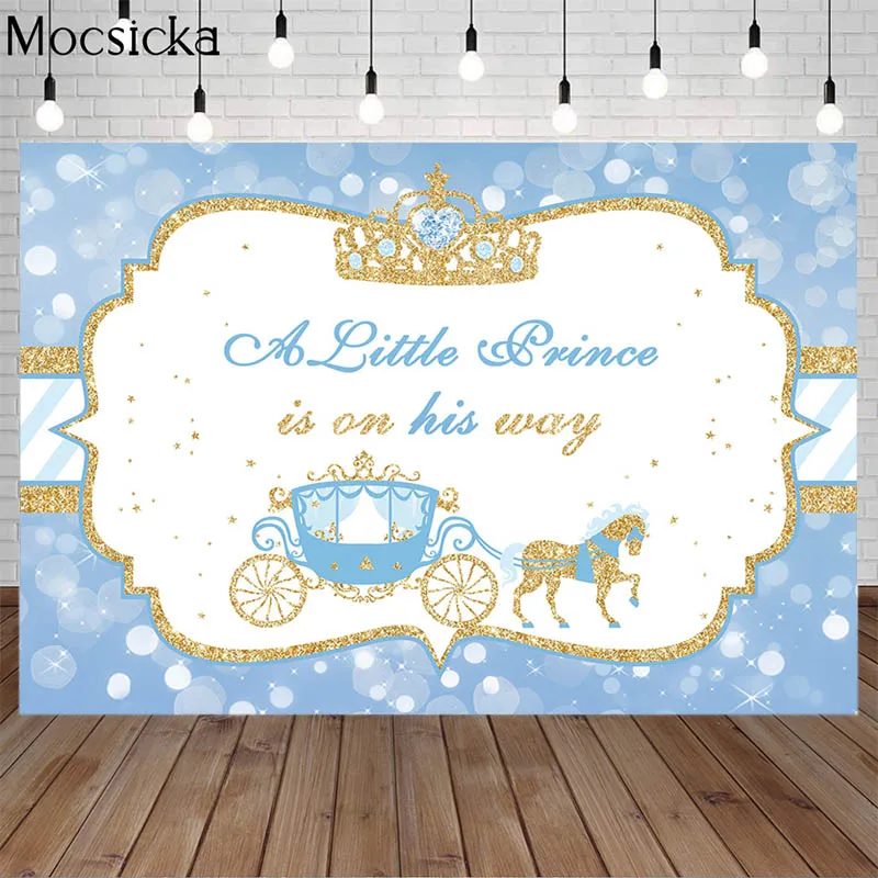 A Little Prince Is On His Way Backdrop Blue Carriage Crown Decor Banner Newborn Child Birthday Party Photo Background Photocall