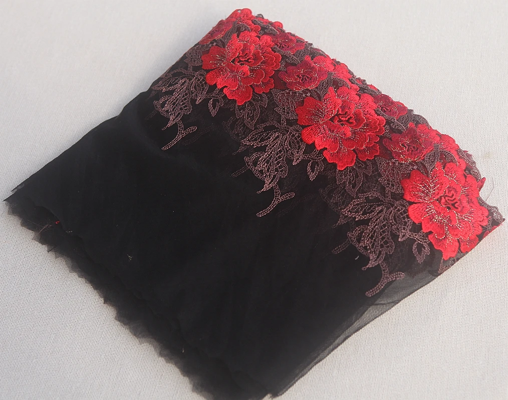 2Yards/Lot di alta qualità nero + rosso ricamo tessuto di pizzo maglia di pizzo nastro Tulle Guipure cavo di pizzo cucito panno fai da te