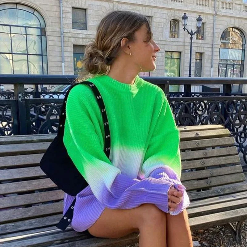 Women's Gradient Fluorescent Color Round Neck Sweater New Pullover Drop Shoulder Loose Long-sleeved Sweater Casual Woolen Top