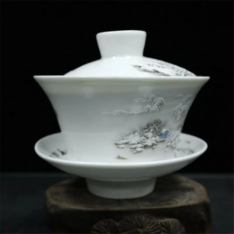 Chinese Old Porcelain Pastel Snow Covered Bowl With Landscape Pattern China Tea Bowl