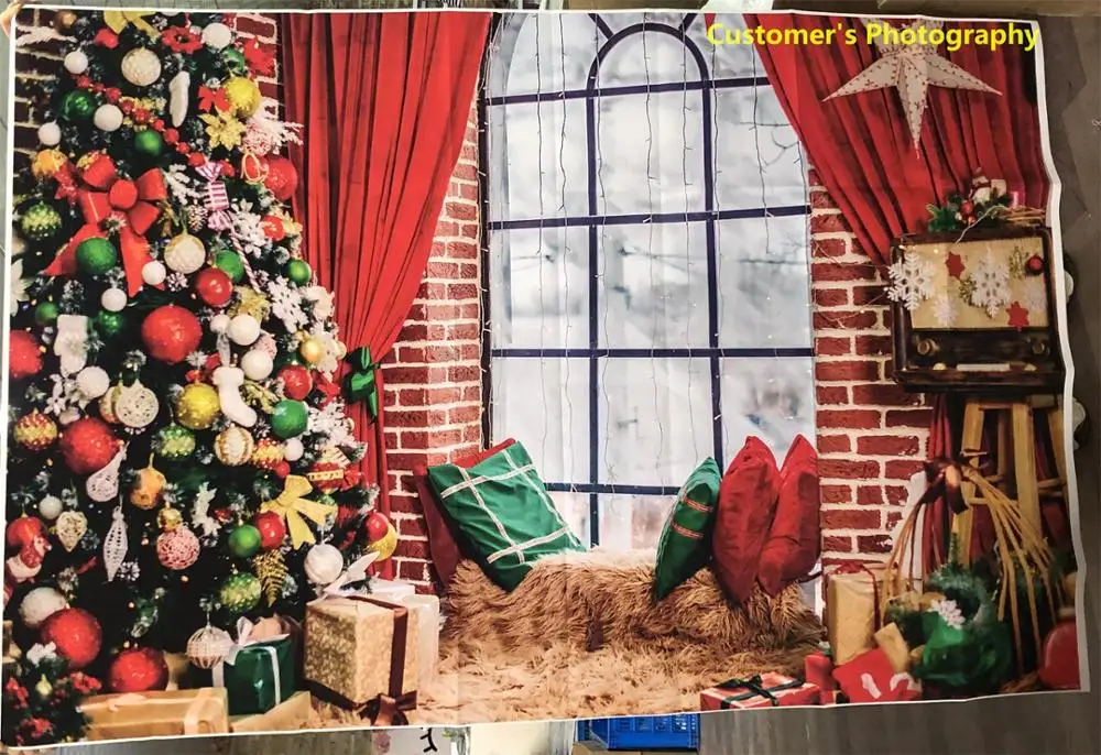 Laeacco ลูกบอลสุขสันต์วันคริสต์มาสต้นของขวัญดาวหมอนหน้าต่างบ้านชนบทภาพบุคคลทารกฉากหลังถ่ายภาพ