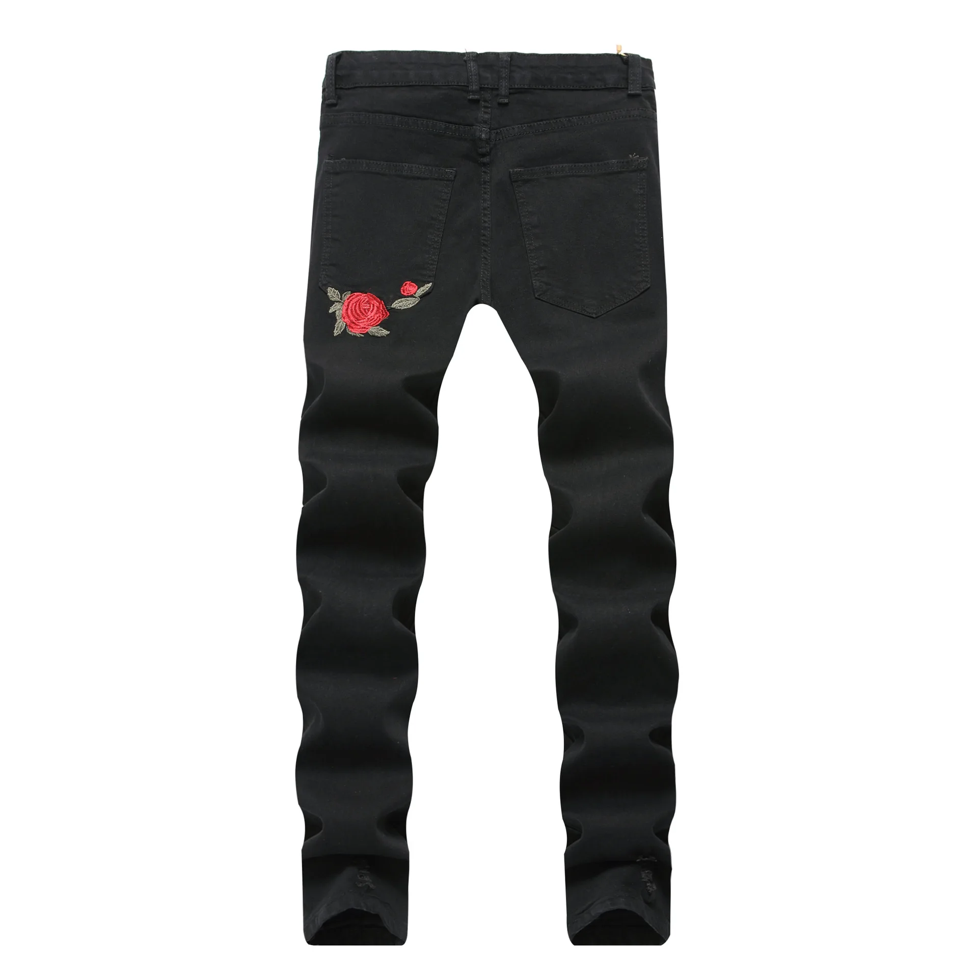 New Black Ripped Jeans with Embroidery Men with Flowers Rose Embroidered Men\'s Denim Jeans Stretch Skinny Jeans Pants