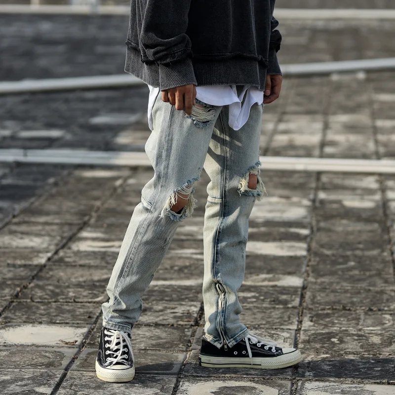 ICCLEK Autumn Retro High Street Jeans Washed Distressed Slim Pants Hip Hop Ripped Jeans Slim Men's Casual Pants Patchwork Jeans