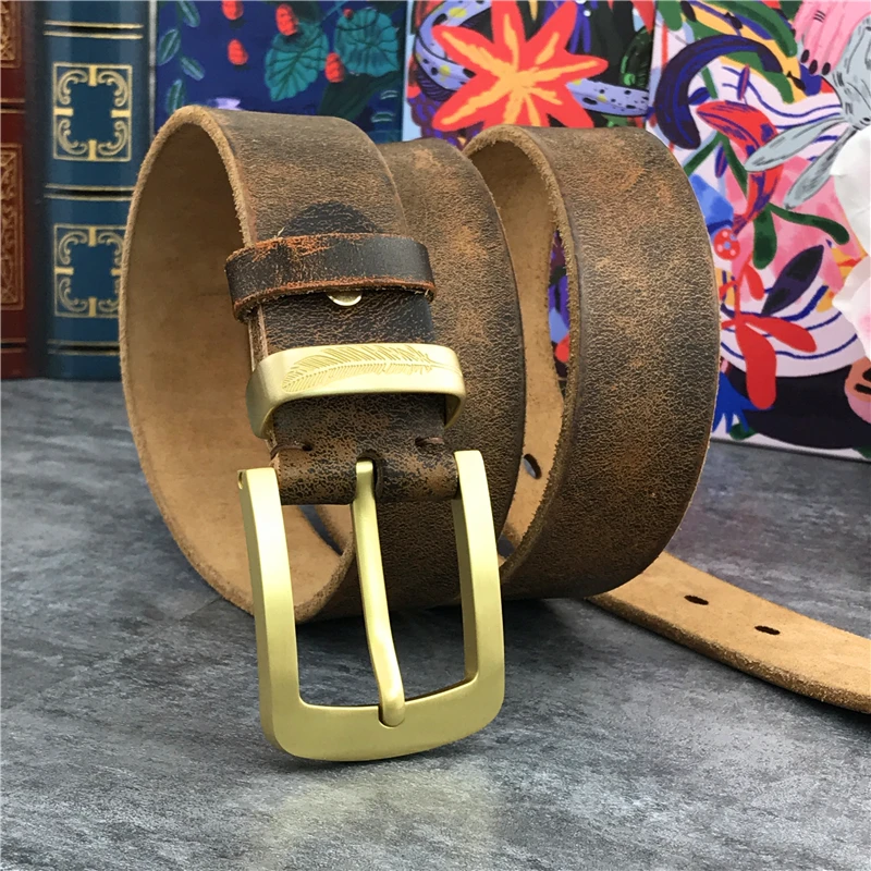 Vintage Brass Belt Buckle Genuine Leather Belt Male Ceinture Yellow Belt Cowboy Jeans Men\' Belt Long 130cm Waist Belt MBT0006