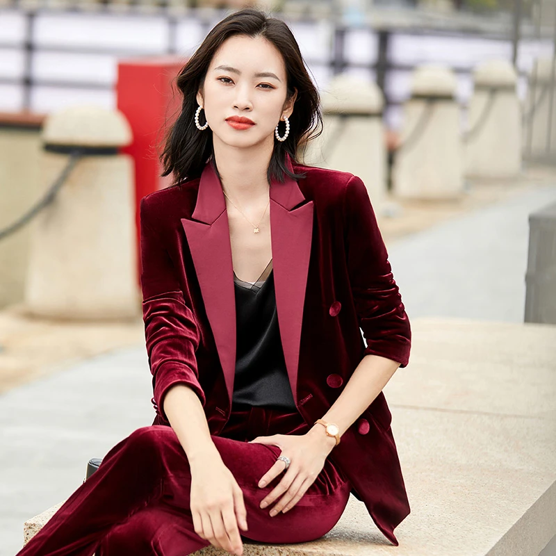 High Quality Velvet Formal Uniform Designs Pantsuits Elegant Wine for Women Business Work Wear Long Sleeve Autumn Winter Blazers