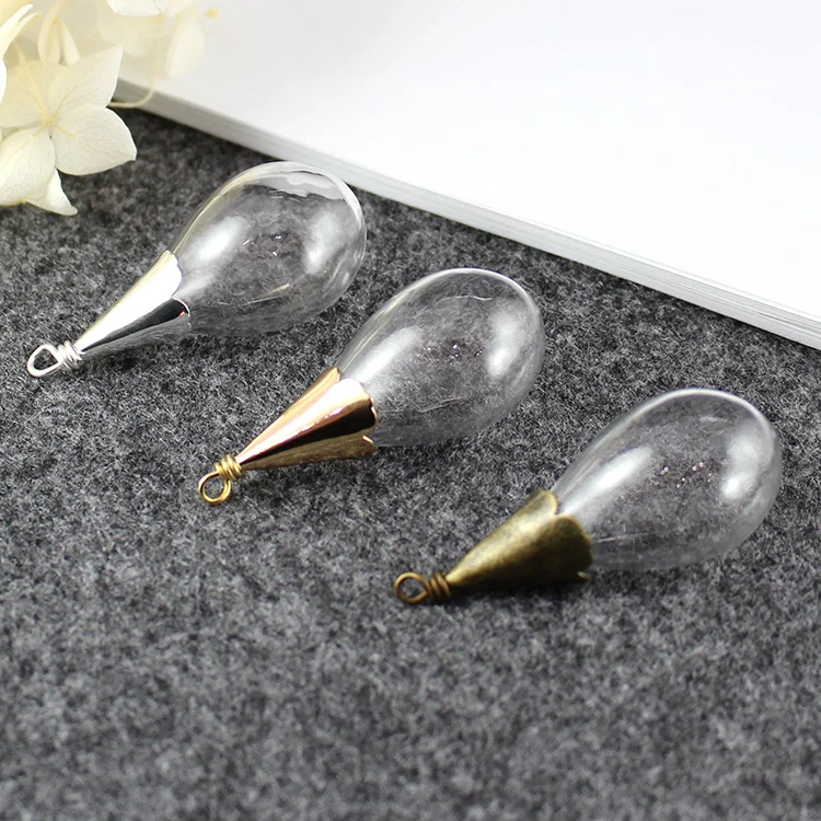 4PCS  31x18mm Hollow Round Drop Glass With Metal Caps Glass Vials Pendant Glass Bottle Charms Jewelry Findings