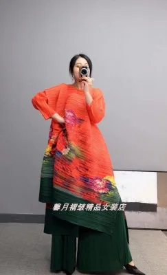 HOT SELLING Miyake fold  three quarter print long dress + solid wide leg pants  suit IN STOCK