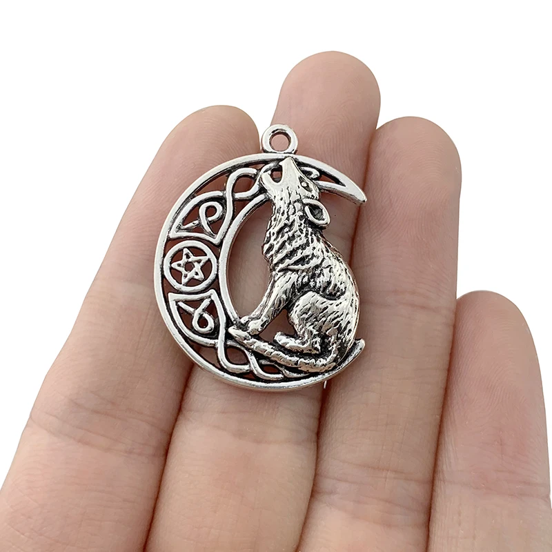 

10 x Tibetan Silver Celtic Knot Moon Crescent With Howling Wolf Charms Pendants Pagan Wiccan for Necklace Jewelry Making 33x26mm