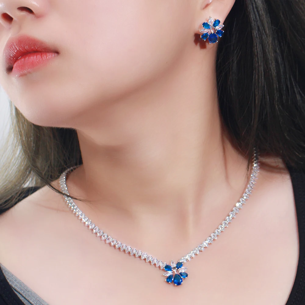 BeaQuee Trendy Chic Blue Flower Cubic Zircon Crystal Earrings and Necklace Jewelry Set for Women Wedding Party Accessories JS296