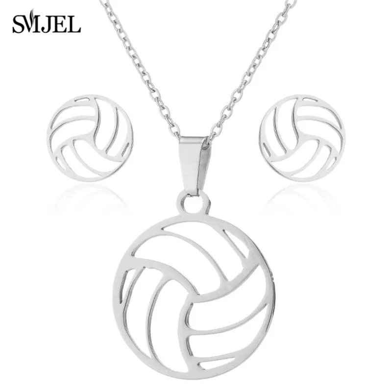 Stainless Steel Volleyball Jewelry Set for Women Minimalist Hollow Ball Shape Necklace Earrings Triangle Accessories Club Gifts