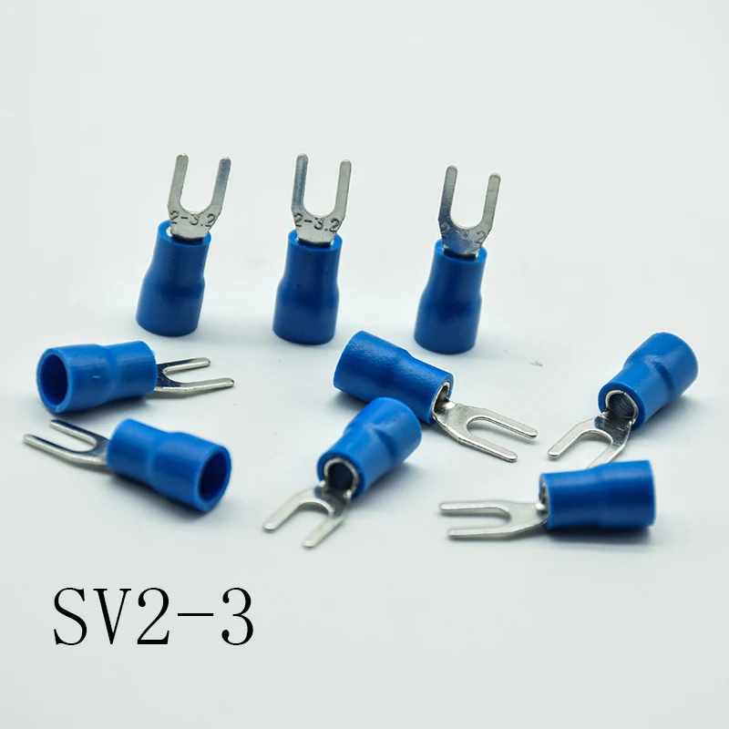 50pcs SV2-3/4/5/6/8 Blue Furcate Cable Wire Connector  Furcate Pre-Insulating Fork Spade AWG Wire Crimp Terminals SV2.5