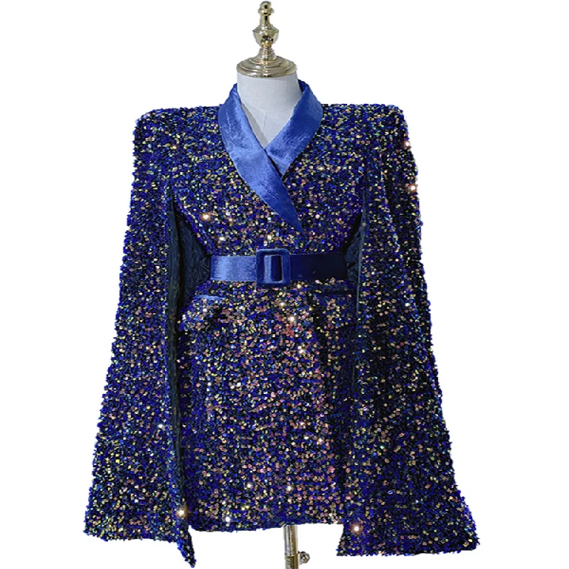 

IHOBBY Women Sequined Cape Coat With Belt Celebrity Notched Collar Blingbling Sequin Suit Elegant Party Outwear