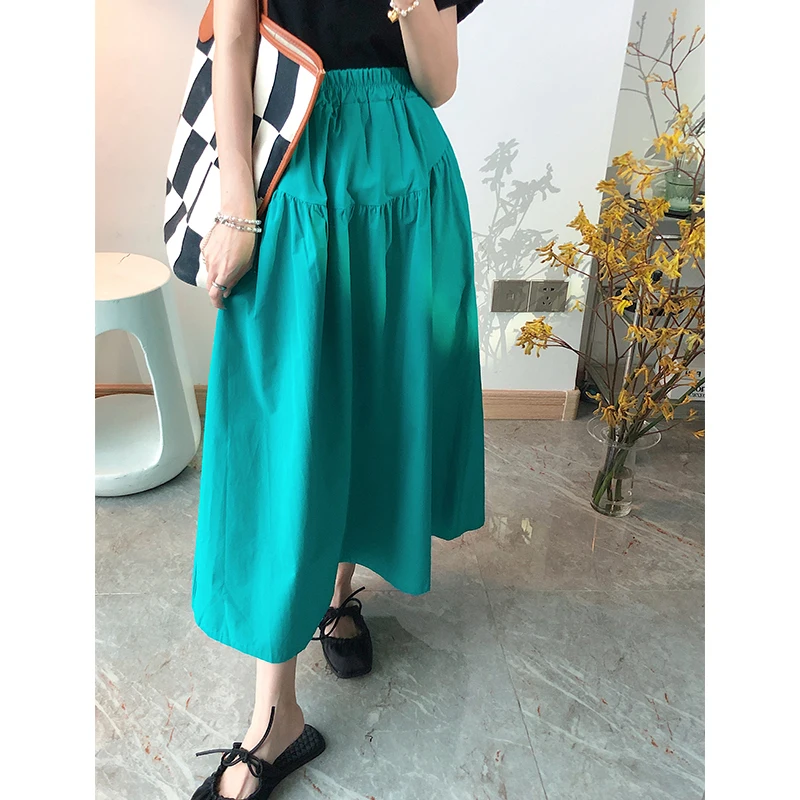 REALEFT Autumn Elegant Women's A-Line Long Skirts 2021 New High Waist White Korean Cotton Female Chic Umbrella Skirts Pockets