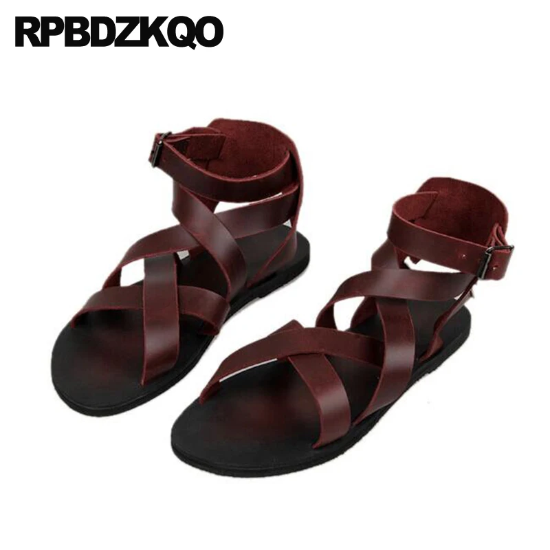 Real Genuine Leather Men Gladiator Sandals Summer Boots Burgundy Ankle Strap Beach Breathable Flat Roman 2023 Shoes Open Toe