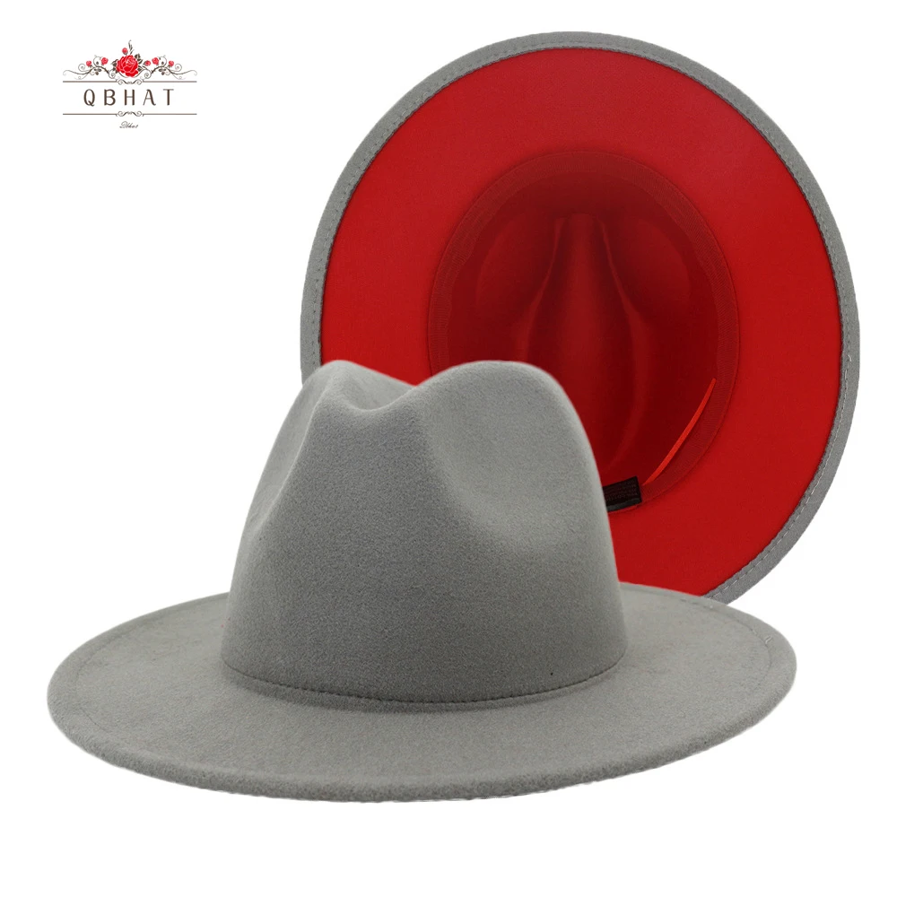 QBHAT Grey Red Patchwork Felt Hat Women Men Wide Brim Imitation Wool Jazz Fedora Hats Panama Trilby Cap Trend Gambler Hat