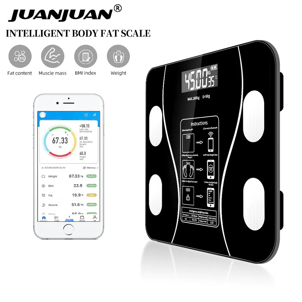 เครื่องวัดไขมันในร่างกายใหม่พร้อมแอปสมาร์ทโฟนไร้สายรองรับบลูทูธไร้สายเครื่องชั่งน้ำหนักในห้องน้ำ