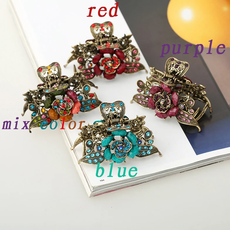 Vintage Hair Jewelry Antique Metal Flower Hair Claws Rhinestones Hair Clip For Women Girls