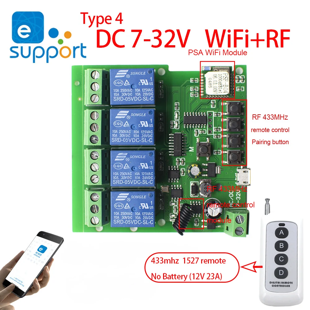 Ewelink WiFi RF Switch Module DC12V 24V AC 110V 220V Wireless Relay Smart Home Remote Control 4 Channel Alexa Googole Home