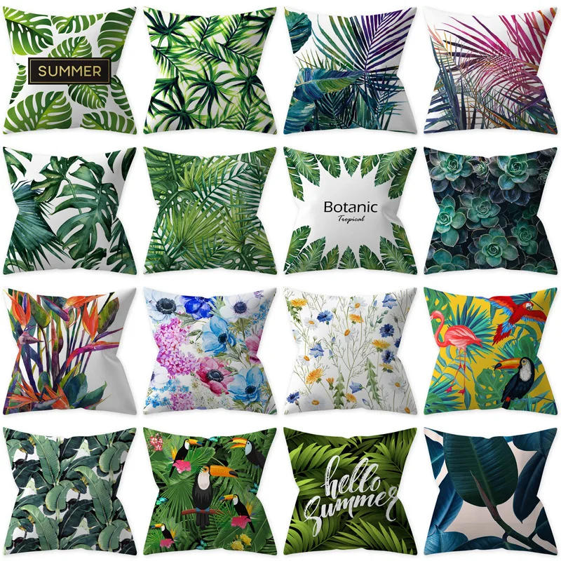 Tropical Plant Leaf Floral Cushion Green Flower Throw Pillow Decorative Linen Pillowcase Sofa Home Decor Pillow Customized