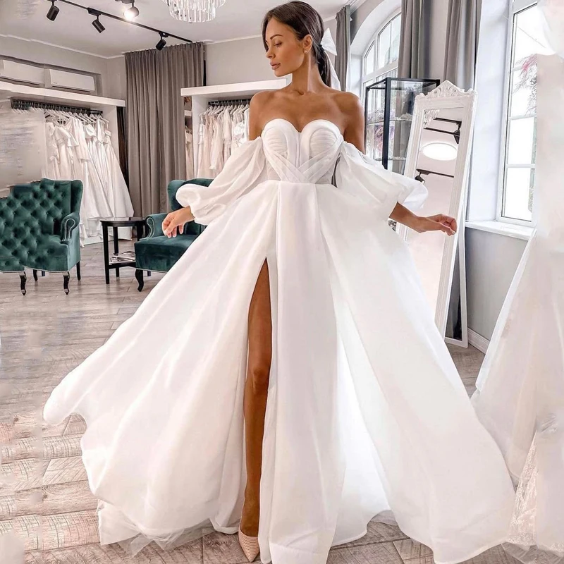 Eightree Wit Trouwjurken 2022 Bladerdeeg Mouwen Hoge Split Bridal Dress Sexy A-lijn Backless Prinses Bruidsjurken Plus Size