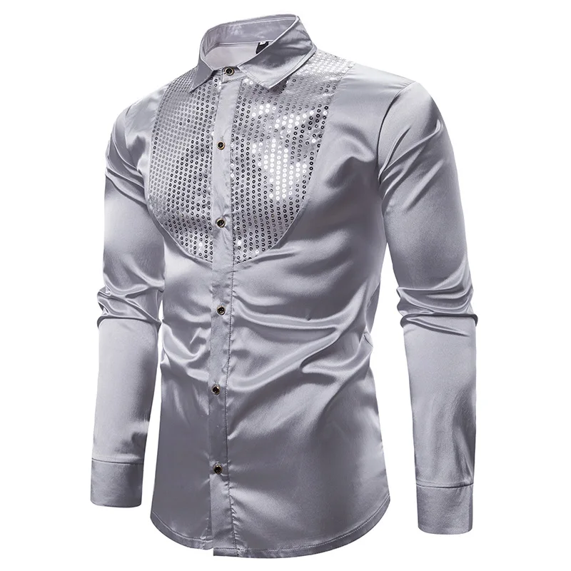 Camicia da uomo a maniche lunghe da sposa per uomo Camicia da lavoro morbida e confortevole con lucentezza Camicia da uomo formale con paillettes stile Inghilterra Top da uomo