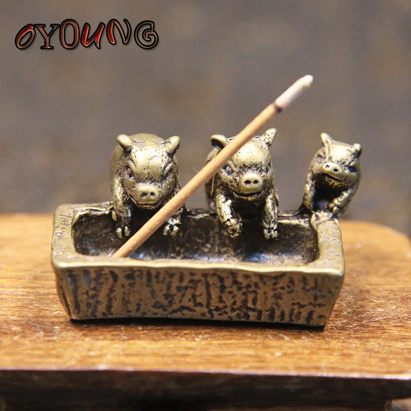 Vintage Bronze Three Pigs Brother Statue Desk Ornament Copper Pig Trough Miniature Figurines Incense Burner Lucky Brass Crafts