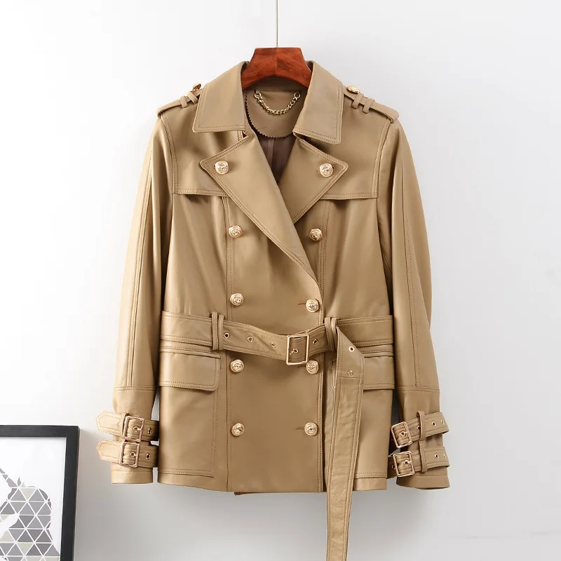 Real Sheepskin Leather Blazers Jackets Women Vintage Double Breasted Black Khaki Genuine Leather Jacket Coat Female Plus Size