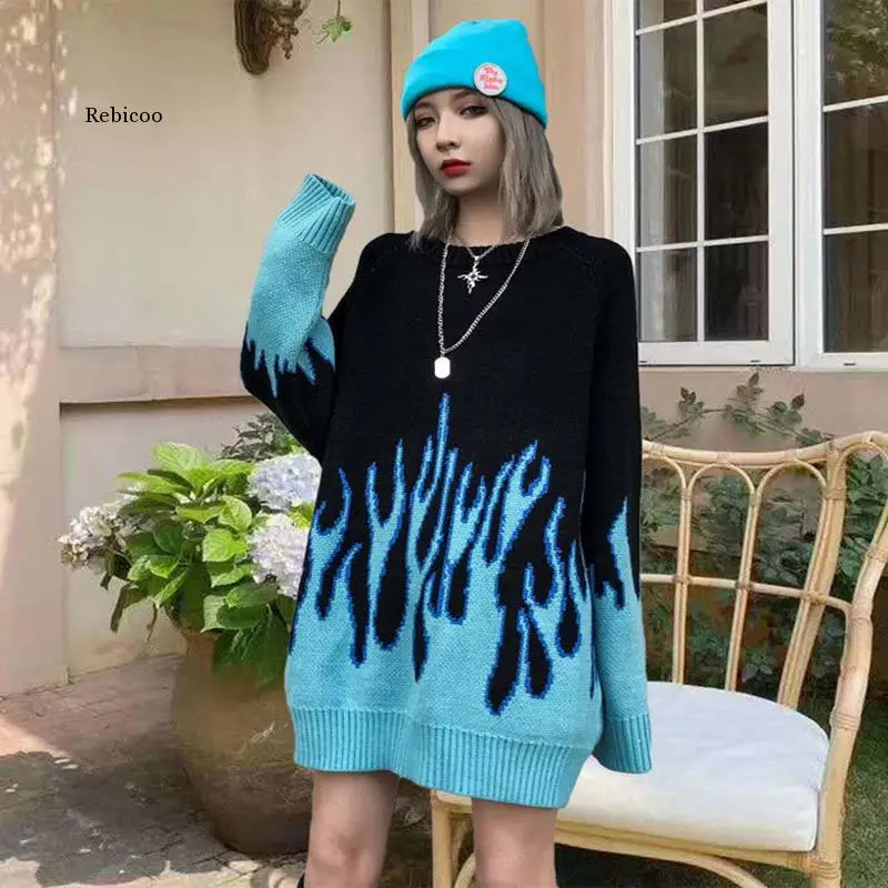 

Winter Autumn New Loose Long Blue Flame Sweater Women O-Neck Blue Female Pullover Women's Sweater
