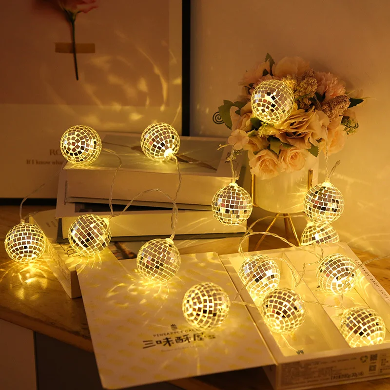 Battery Powered LED Mirror Ball String Lights Stage Reflection Lamp Christmas Fairy Lights for KTV Bar Disco Party Wedding Decor