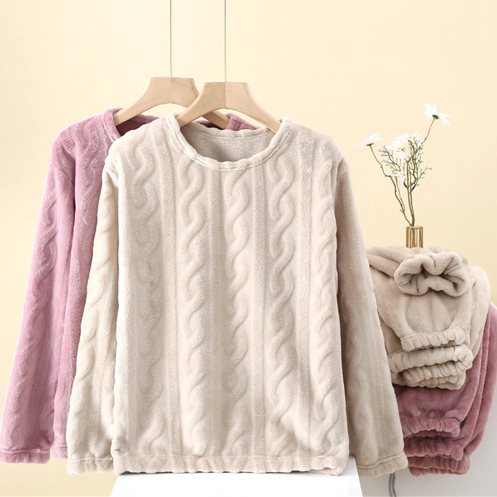 

Coral Velvet Pajamas Sets Winter Women Thick Plus Velvet Cute Solid Color Round Neck Homewear Tops Flannel Warm Pants Home Suit