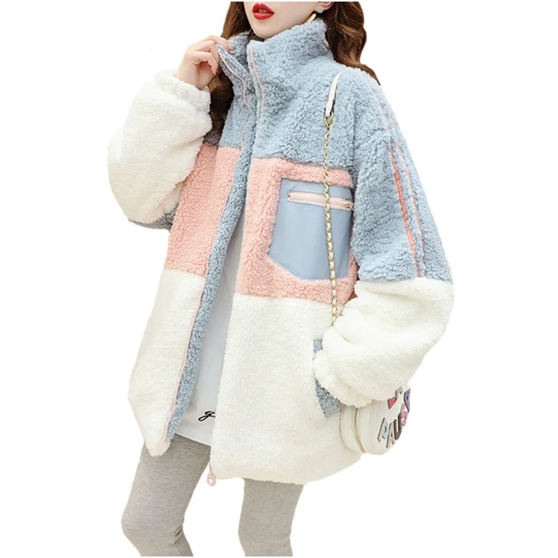 Cordeiro peludo casacos outerwear mulher 2022 novo outono inverno cordeiro lã casaco feminino correspondência de cores mais veludo engrossar jaqueta