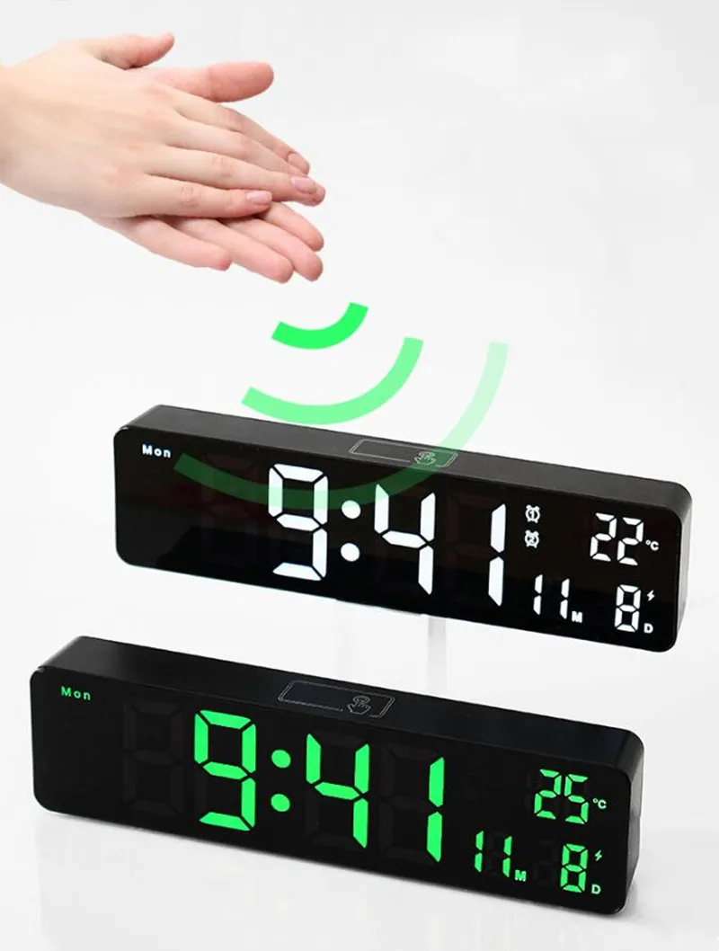 Digital Alarm Clock Temperature Date Dual Alarms Voice Control Electronic Table Clock Snooze Wall LED Clocks for Living Room