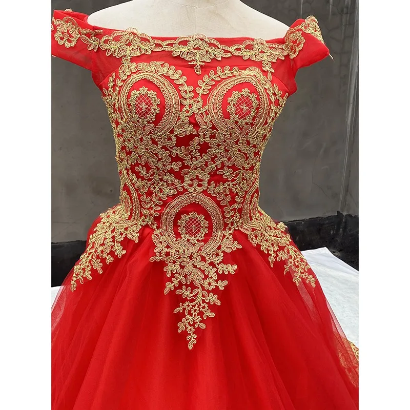 100% Real Photo สีแดง Quinceanera ชุดปิดไหล่ลูกไม้ดอกไม้ Prom Ball Gown Plus ขนาดที่กำหนดเอง Vestidos De quinceaneras