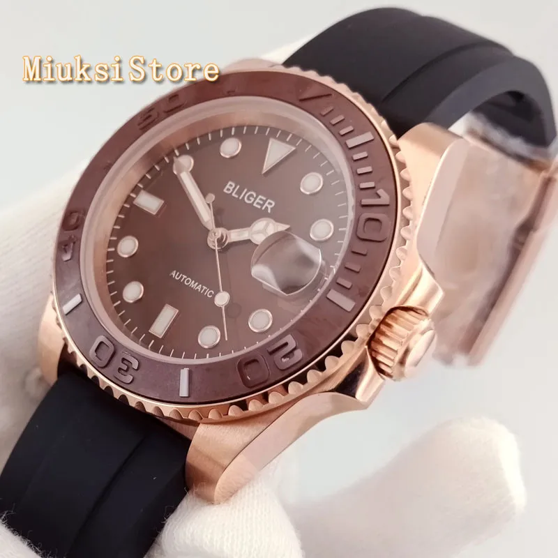 

40mm man's luxury mechanical watch BLIGER borwn dial cermaic bezel sapphire glass luminous dateautomatic mens watches