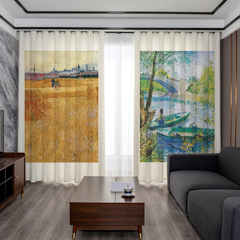 Oil Painting Scenery Curtains Window Living Room Curtains Kitchen Indoor  Bedroom Window Blackout Decoration Curtain