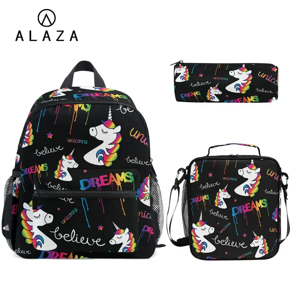 ALAZA New Fashion Children's Set Kids School Bags Unicorn Pattern Teenagers with Black Shoulder Book Lunch Pencil Bag