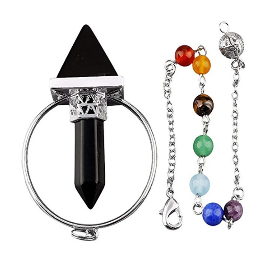 

FYJS Unique Silver Plated Healing Chakra Chain Pendulum Pendant Black Obsidian Pyramid Jewelry