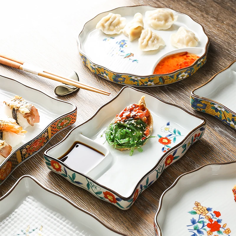 Japanese Dumpling Plate Sushi Plate with Sauce Vinegar Split Snack Dish Ceramic Salad Plate Restaurant Plate Flower Flat Tray