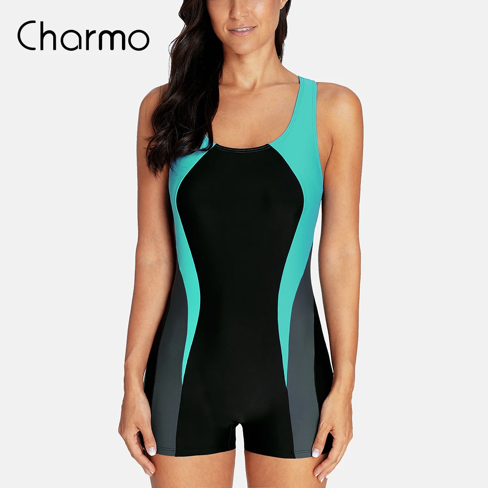 Charmo Women Boyleg One Piece Swimsuit Sport Swimming Costume Modest Swimwear Color Block Swimsuit