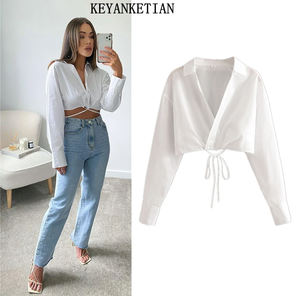 KEYANKETIAN 2021 new style V-neck bow tie double-breasted pure white short shirt ladies sexy crop top