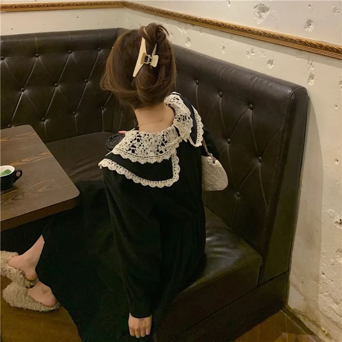 Lace Peter Pan Collar Waist Slimming Dress 2020 New Women's Autumn and Winter Retro Mid-Length Temperament Dress fairy dress