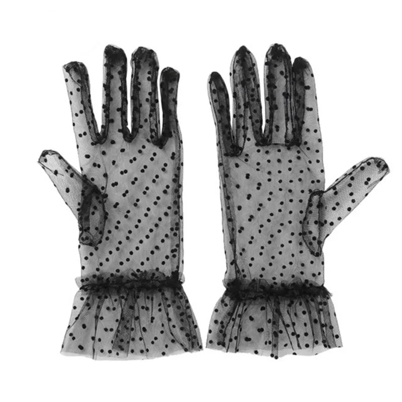 Women Summer Sunscreen Anti-UV Lace Driving Mittens Female Thin Transparent Mesh Flocking Polka Dot Wedding Dress Gloves L84