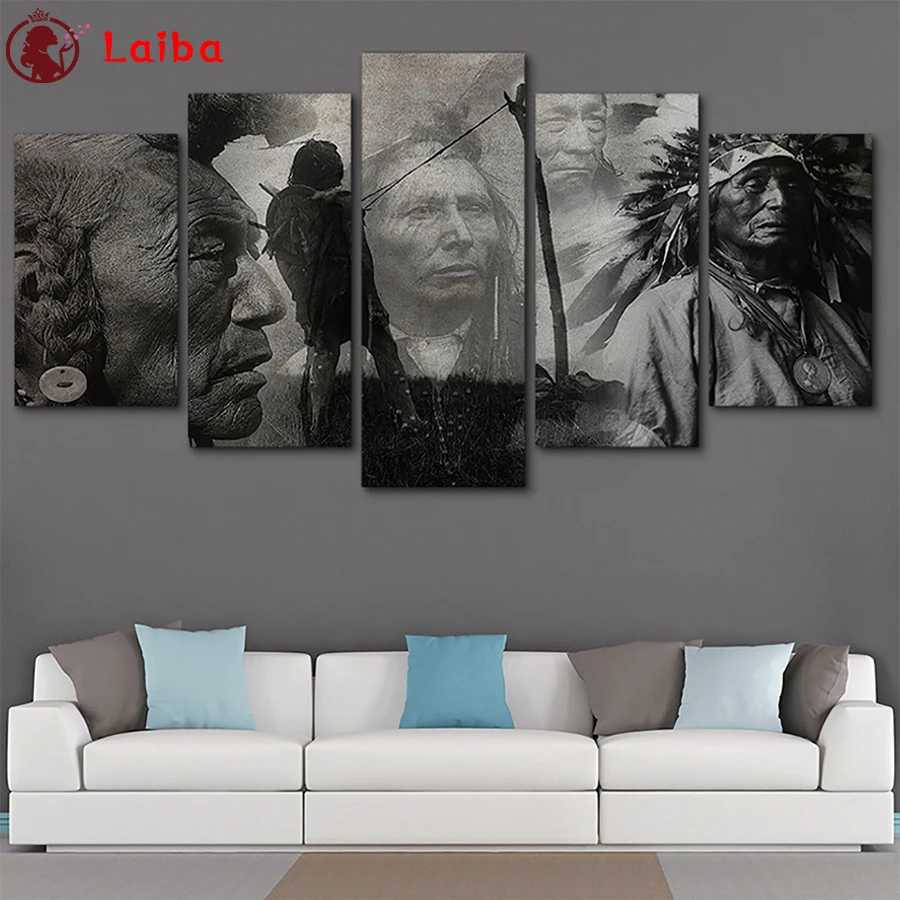 

New diamond embroidery mosaic Black and white art, retro indians diamond paintings full drill stitch cross of picture art5pcs