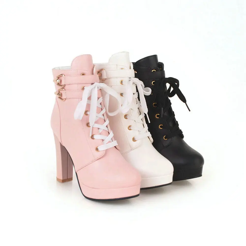 Pink White Black JK Uniform Womens Chunky Platform Ankle Boots Lolita Super High Heel Lace Up Boots Sweet Lace Side Zipper Shoes