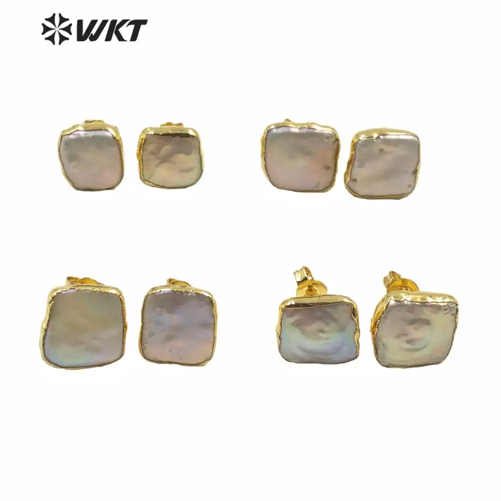 WT-MPE027 Wholesale Natural Freshwater Square Pearl Studs Lady Fashion Gold Filled Real White Earrings Gift Accessories