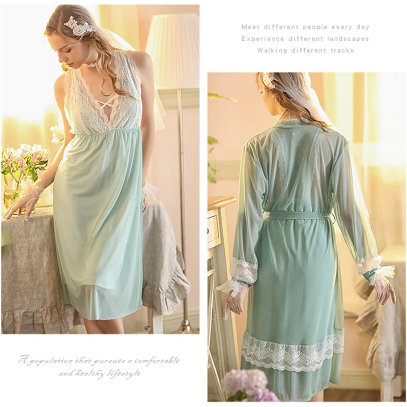 Night gown new style V-neck lace with chest pad sling two-piece home pajamas feminine yukata sexy nightwear ночная рубашка