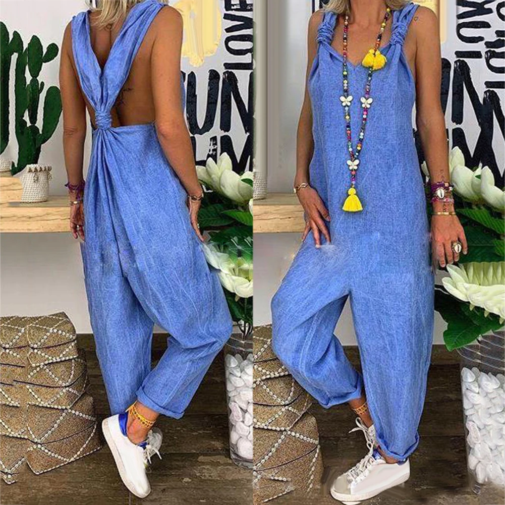 Women Jumpsuit Summer Sexy Jumpsuit Women Playsuit Casual Overalls Bib Overall Sleeveless Backless Knotted Jumpsuit Dungarees