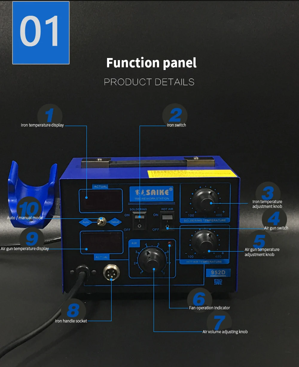 2 In 1 Rework Soldering Station Hot Air Gun Solder Iron SAIKE 952D For Cell-phone BGA SMD PCB IC Repair Solder Tools